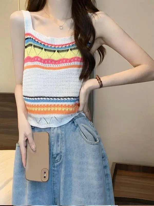 Cheap wholesale Summer Bohemia Rainbow striped knitted suspender vest women sweet cool hollow chic sleeveless top