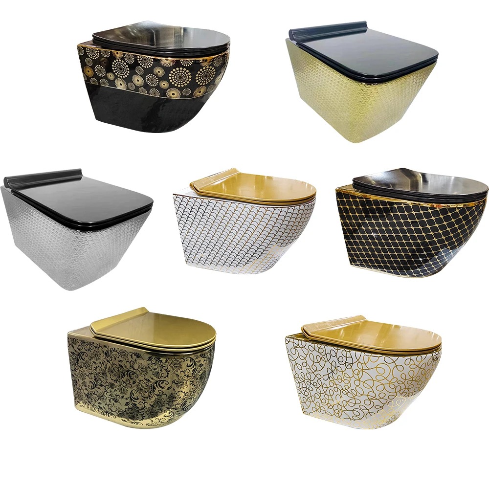 High quality royal luxury style black white gold ceramic bathroom wall hung toilet