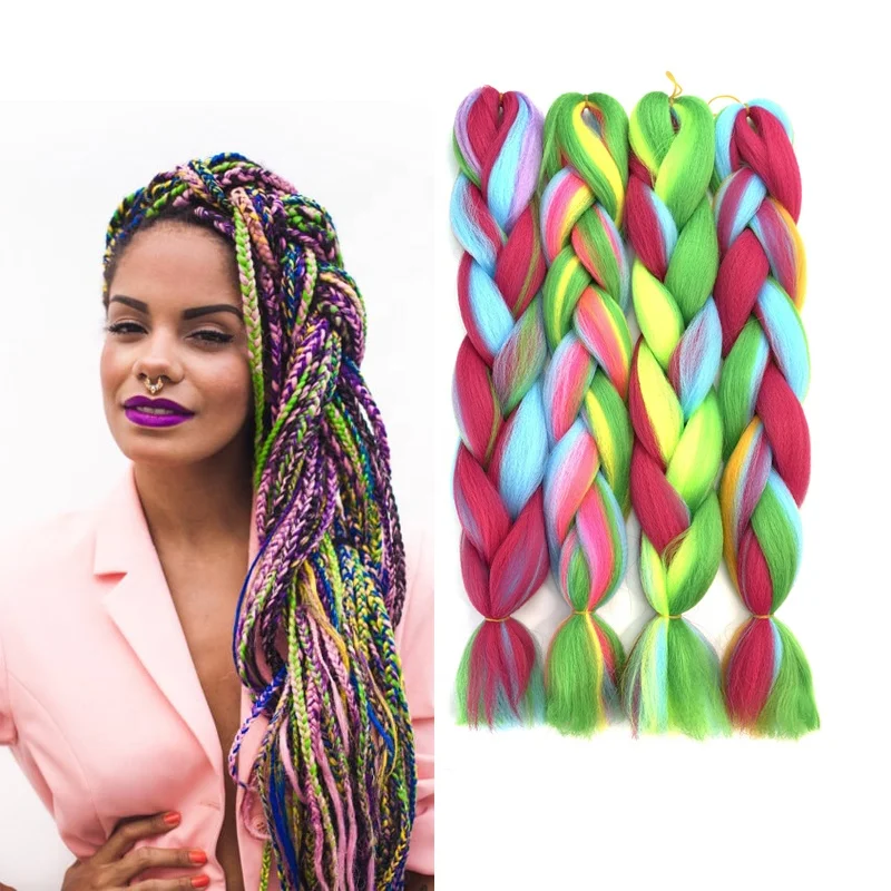 24 Inch 100g Ombre Rainbow Mixed Color Jumbo Braids For Box Braids Heat Resistant Synthetic Braiding Hair