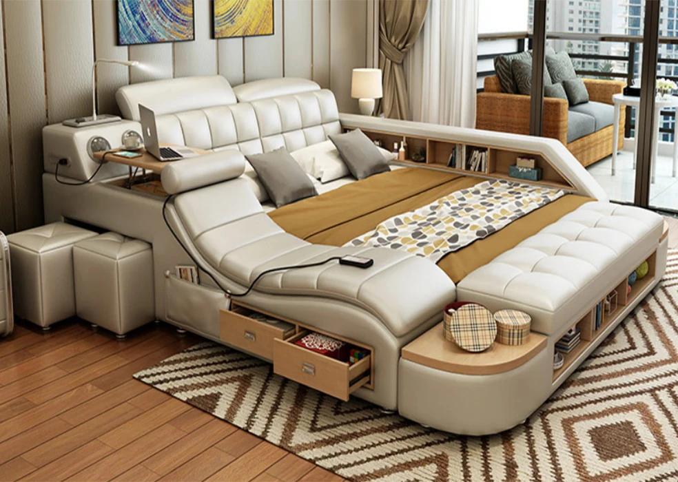 KEHUI Double Bed Smart Base Ensemble Family Floor Velvet Rattan Matress Brown Lost Set Beige Pull Cheap Multifunction Double Bed