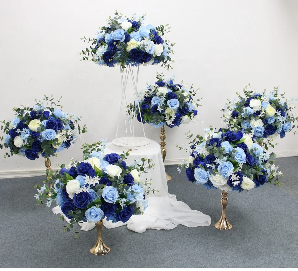 Blue White Peony Hydrangea Artificial Flower Table Runner Party Wedding Backdrop Centerpiece Decor Rose Floral Ball