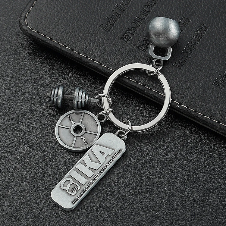 In Stock Antique Silver Charm Keyring Equipment Sport Barbell Gym Fitness Keychain Keyring For Brand Promotion