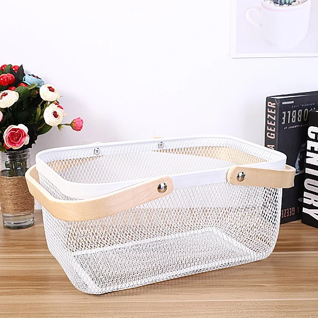 XWX factory direct supply large home Nordic wrought iron storage basket with wooden handle