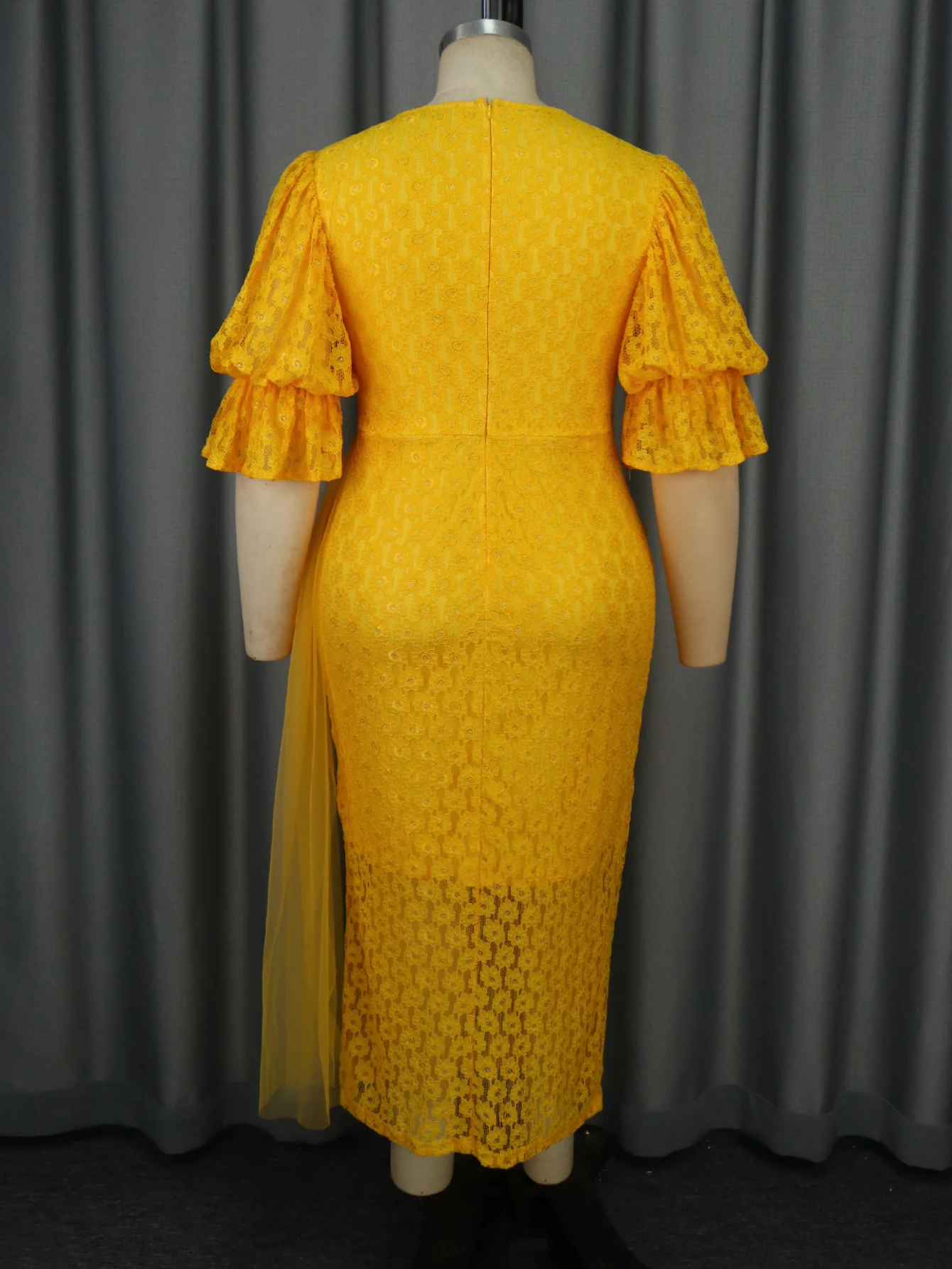 Bell Sleeve Mesh Belt Stretchable Lace Long Yellow Formal Evening Dress