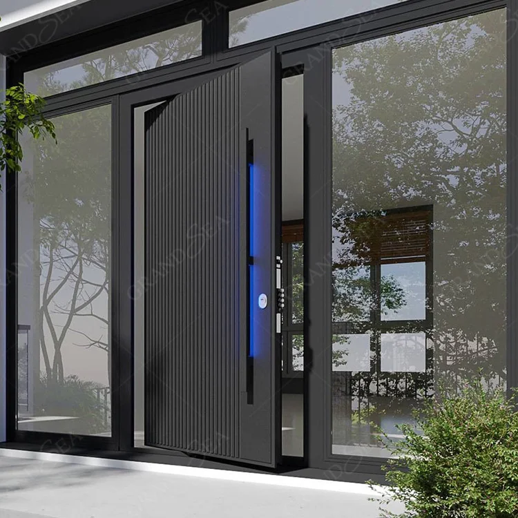 Apartment House Security Aluminum Door Pivot Center Front Door With Side Lights Modern Pivot Entrance Single Steel Door