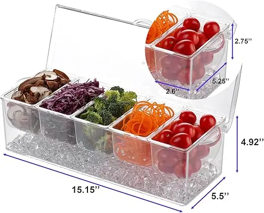 4/5 Compartments Chilled Condiment server Clear Garnish Tray with Lid for Bar OEM wholesale Food Keeper Bottom Ice Transparent
