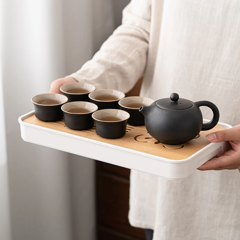 Portable Outdoor Home Kung Fu Tea Set Coarse Pottery Beam Pot and Dry Bubble Travel Set Ceramic Teapot Teacup with Tea Tray