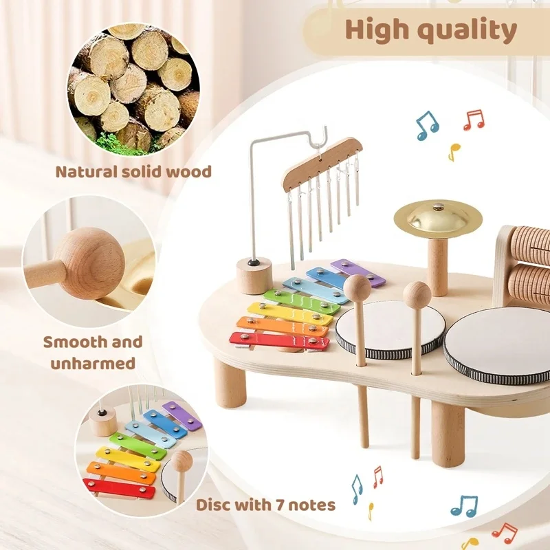 Toddlers Montessori wooden musical instruments drum play set multifunction percussion instruments musical toy wood music table