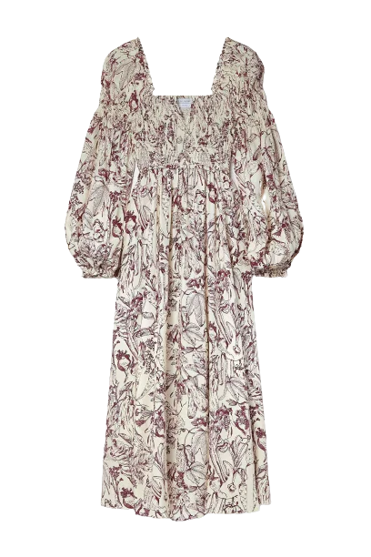 Winter bangkok korean designer Square neck pocket shirred printed silk charmeuse midi dress