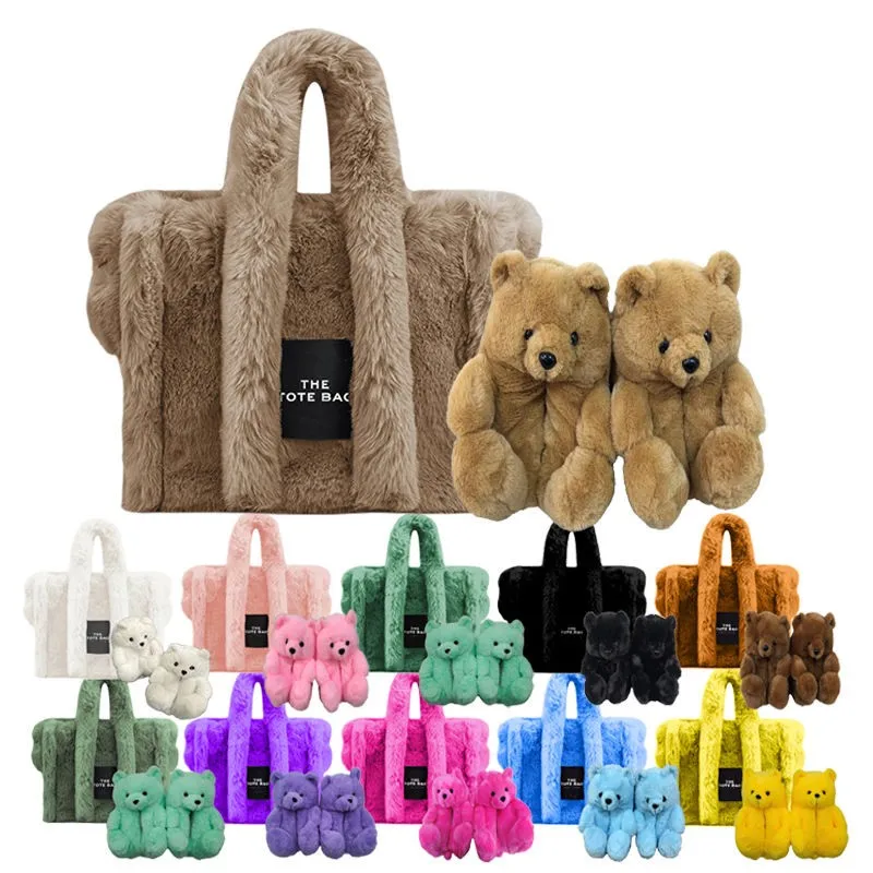 Teddy bear fur slides and purse set Luxury Designer matching Plush Kids Teddy Bear Slippers shoes set the Tote Bag For Women