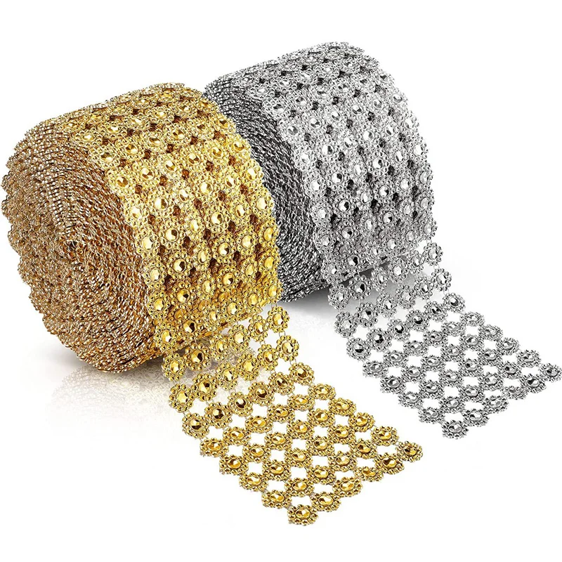 Plastic Diamond Flower Shape Mesh Ribbon Wrap for Wedding Cake Vase Decorations Party Silver Acrylic Bling Diamond Wrap Ribbon
