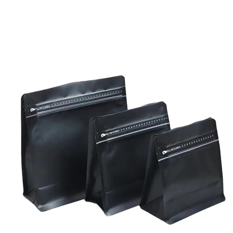 Customized Matte Black Coffee Bag With UV Varnish Printing Flat Bottom Bag With Air Valve Side Gusset Zipper Bag