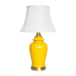 Chinese yellow temple jar ceramic table lamp with fabric shade hotel bedside table lamps decoration
