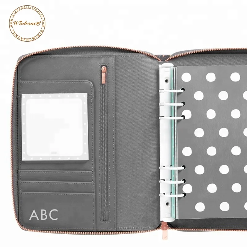Unusual big-saving space zipper closure grey binder leather soft 6 ring planner cover