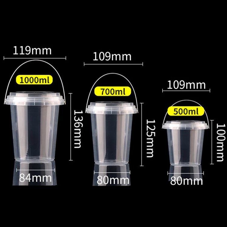 Custom Plastic Bucket Food Grade With Lid 500ml 700ml 1000ml Fruit Yogurt Milk Tea Packing Bucket With Lid