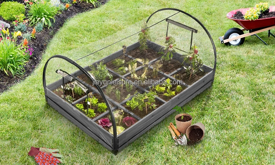 Jaalex Wholesale Outdoor Wooden Raised Garden Bed Planter Box With PVC Greenhouse Cover For Flowers Vegetables