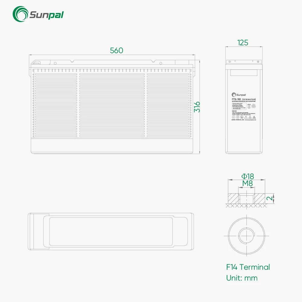 Sunpal Esg Front Terminal Solar Gel Battery 12V 180Ah 200Ah Vrla Lead Acid Battery