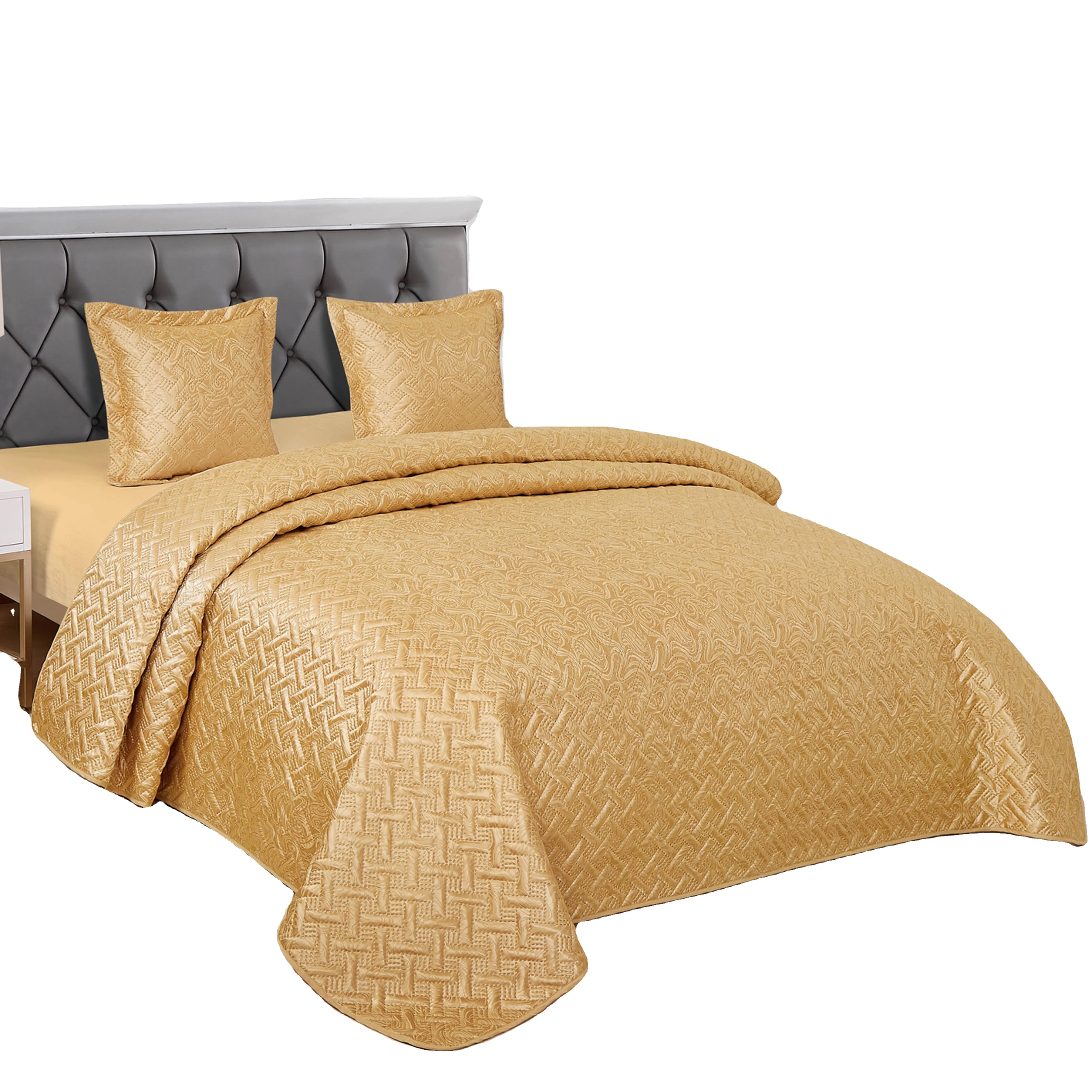 New Plaid Reversible Bedspread Satin Quilt Set