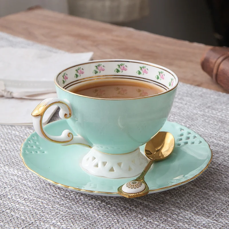 Coffee cup and saucer European style bone china small luxury red tea cup with scoop hollow ceramic tea set