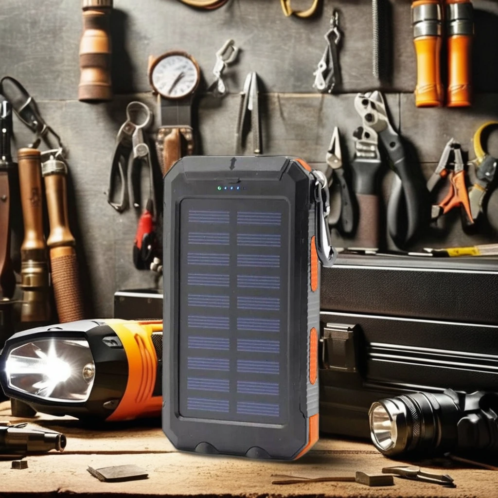 Solar-Charger-Portable-Power-Bank10000mAh Battery Pack with 2 x DC 5V/2.1A USB-A Ports, Dual LED Flashlights & IP65 Waterproof P