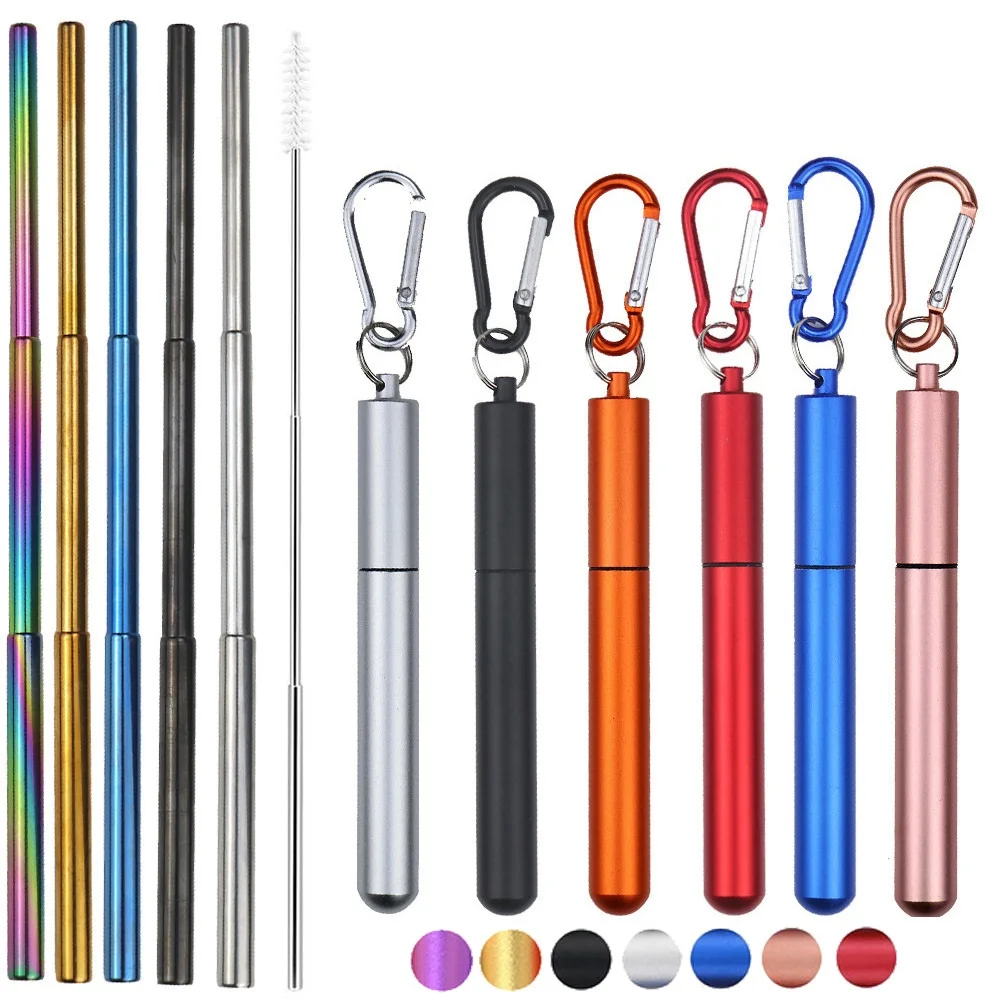 Reusable Telescopic Straw with Telescopic Brush Stainless Steel Metal and Silicone Stocked in Aluminium Case for Party Wedding