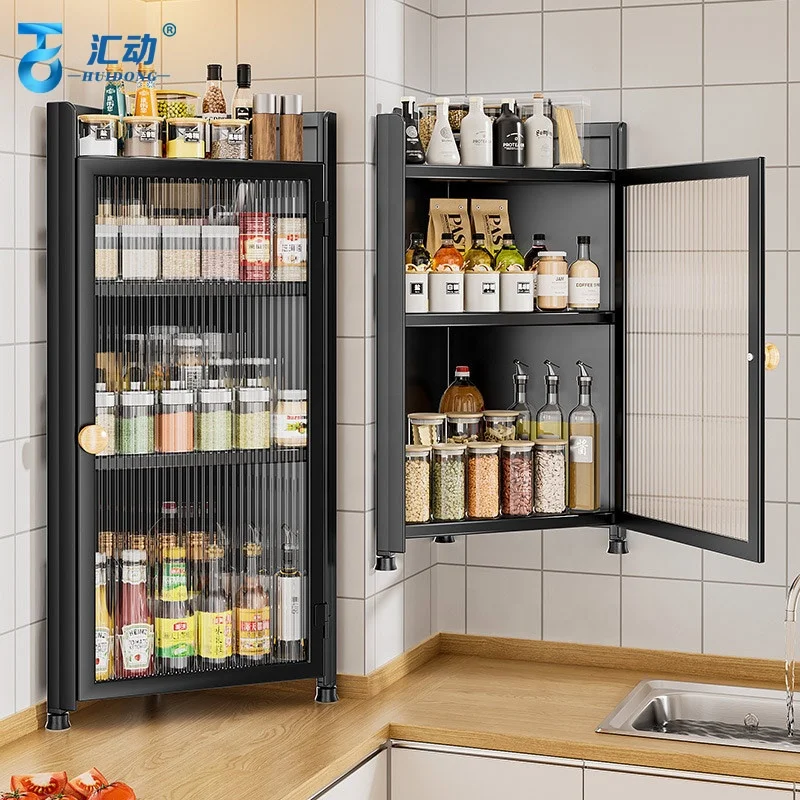 home and Kitchen corner spice jars rack wall mounted spice oil salt and vinegar food storage & container cabinet shelf with door