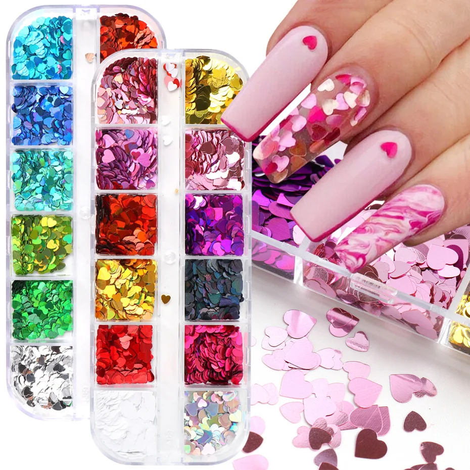 Wholesale Price INS Nail Art Decals Laser Phantom Heart Glitter Size Mixed DIY Nail Accessories Sequin Set