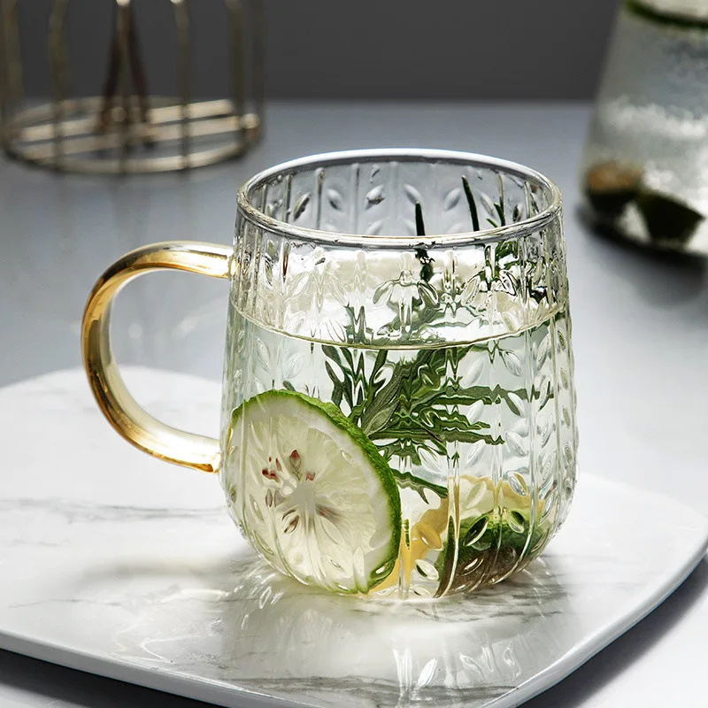 Hammer Grain Glass Cup Gold Handle Handblown High Borosilicate Glass Mug With Bamboo Lid