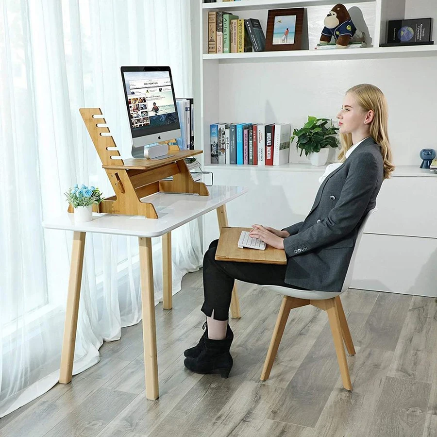 
Riser Stand Steady Up Adjustable Height Desktop Computer Workstation Converter Natural Bamboo Standing Laptop Desk Stand 