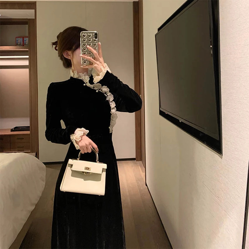 New chinese traditional style cheongsam long winter black color dress qipao ladies women girls plus size dress winter factory