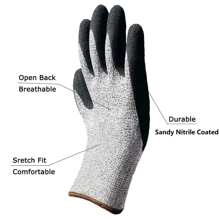 Grey HPPE Knitted Fiber with Black Nitrile Sandy Finish Coating Safety Work Gloves