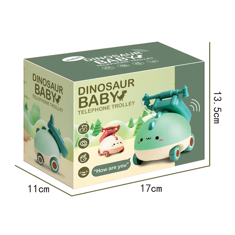 QS Wholesale Educational Gift Plastic Mini Cartoon Dinosaur Musical Hand Pull Line Call Play Telephone Holder Cars Toys For Kids