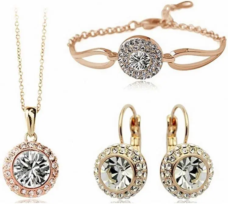 Женские модные ювелирные украшения, 18K, позолота, с украшением в виде кристаллов круглой формы ожерелье, браслет, серьги