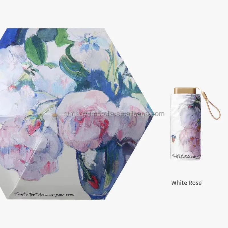 SD New Arrival 6-Folded Black Coating Umbrella Manual Oil Painting Design Pocket-Size Compact Parasol Adults Travel Wholesale