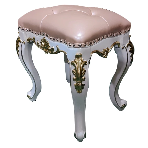 European luxury classical style wooden high stool set carved solid wood frame genuine leather bedroom furniture bed stool