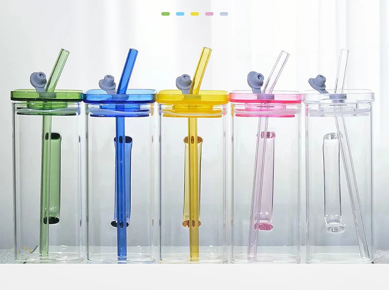 Wholesale creative clear milk juice water cups square glass mug high borosilicate glass mug with straw and lid