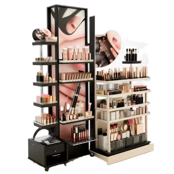 Popular cosmetic shop design make up beauty store retail promotional floor standing metal cosmetic display stand