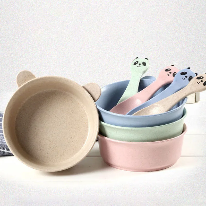 Wholesale Dinnerware Kitchen Items Panda Cartoon Bowls Eco Friendly Cutlery Matching Spoons Kids Plastic Wheat Straw Bowls