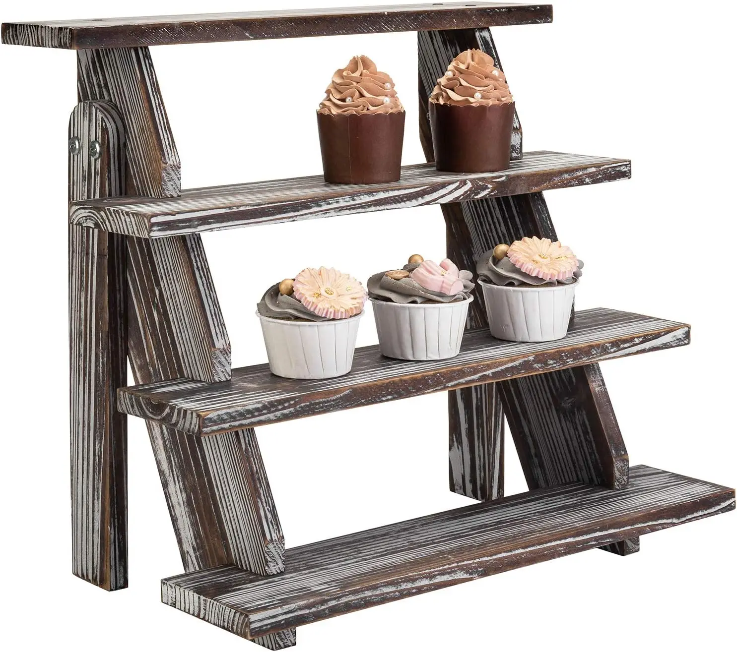 4 Tier Cascading Torched Wood Kitchen Countertop Cupcake Bakery Retail Merchandise Display Riser Stand Rack
