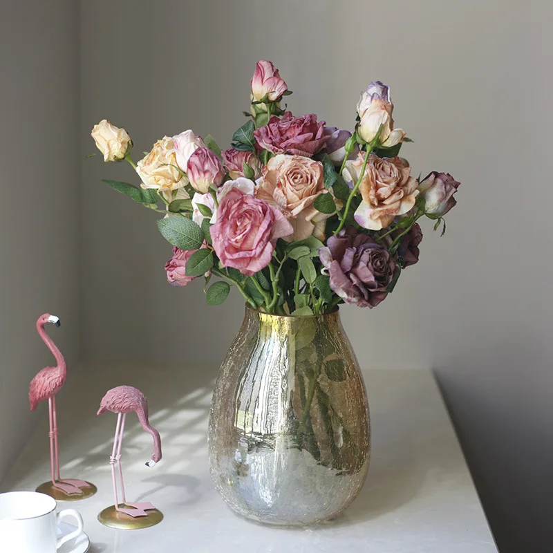 Wholesale 3 Dried Roses Baked Edges Vintage Autumn Simulation Rose Centerpiece Flower Photography Props Home Stay Decoration