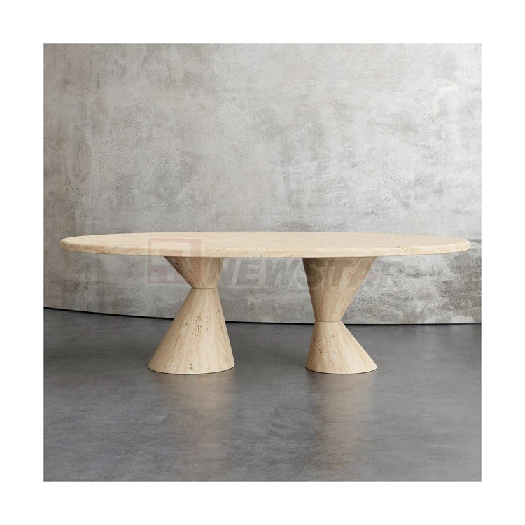 Newstar Stone Tan Travertine Upscale Home Decor Oval Stone Dining Table with Dual Conical Pedestal Base