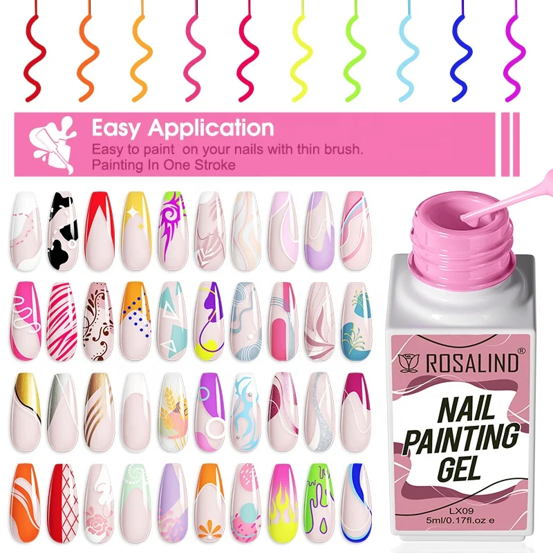 ROSALIND Custom high quality 46 color soak off long lasting art liner uv gel nail painting drawing gel polish set collection