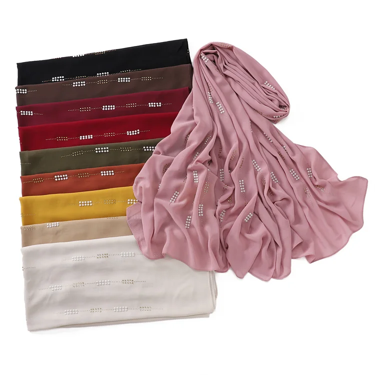 Fashion Women Plain Diamond Chiffon Scarf Head Hijab Shimmer Hijab Malaysia Dubai Muslim Head Scarf With Stone For Women