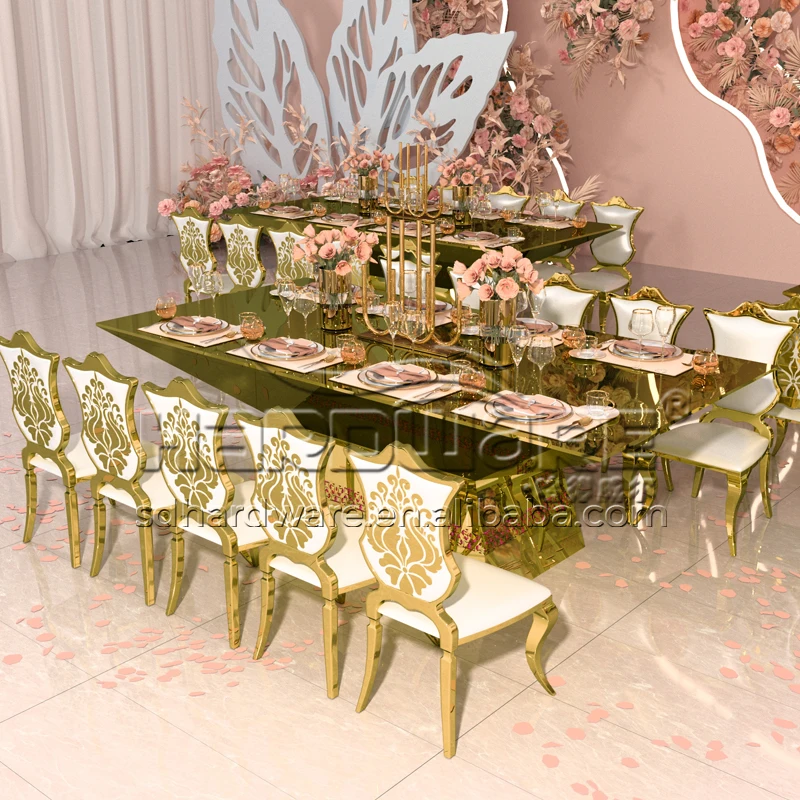 New Design Golden Glass Top Long Led Illuminated Wedding Dining Table Led