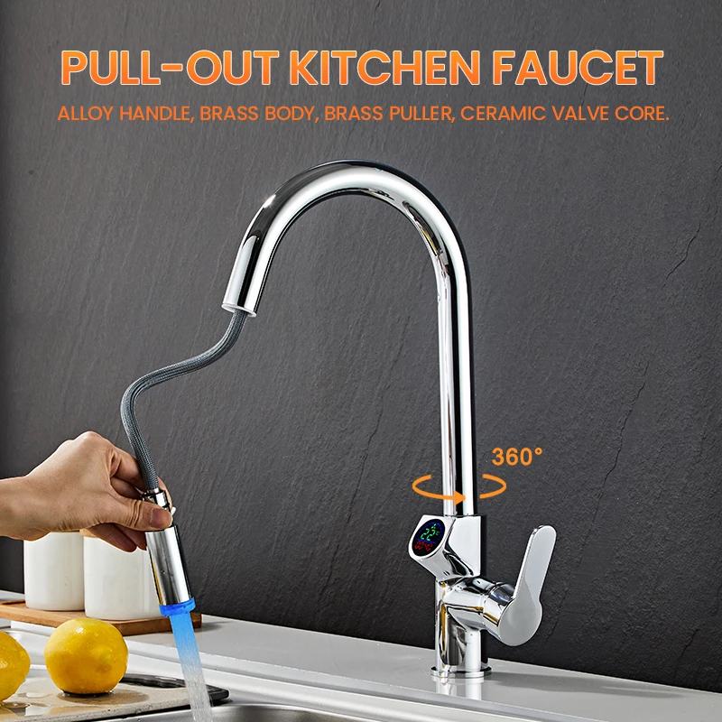 2022 New kitchen pull-out pull down faucet LED display hydroelectric power Thermochromic faucet spout