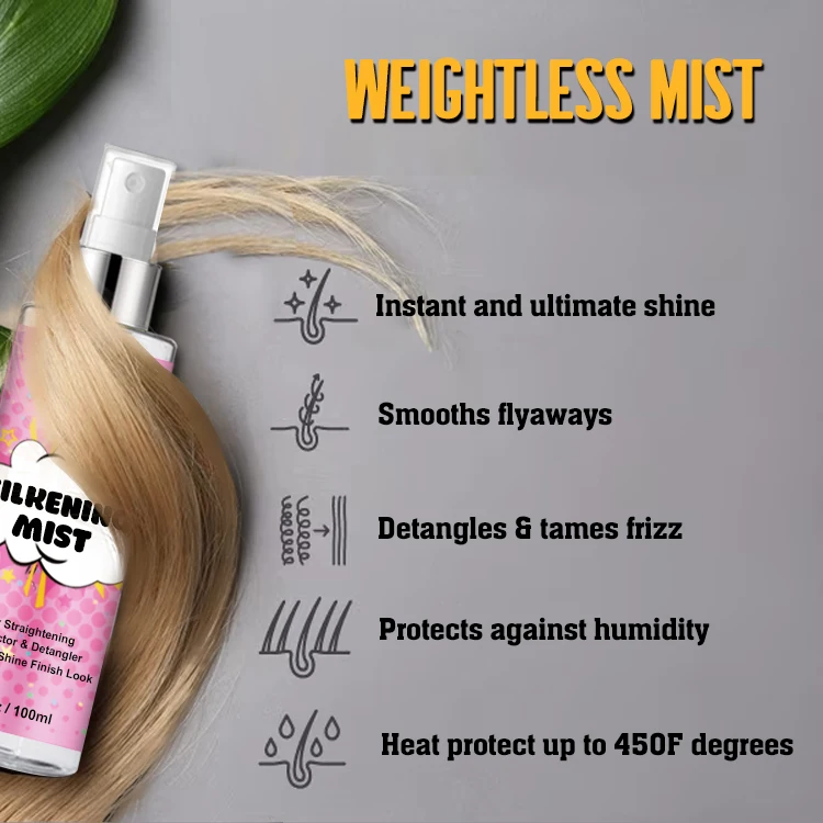 Private Label Scented Oil Based Silkening Mist Spray With Heat Protectant Weightless Hair Shine Spray