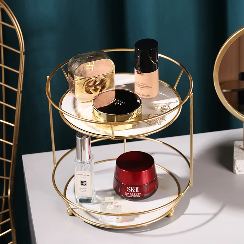 Metal Crafts,Cosmetic Storage Rack,Double-layer Serving Trays Jewelry Tray Storage Rack With Handle