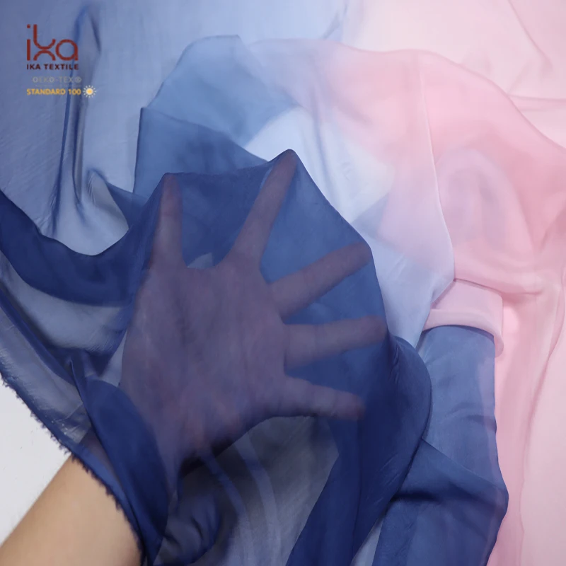 Blue Pink Gradient Digital Printed Ultra Thin Wedding Custom Undyed China Natural Silk Chiffon Fabrics for Dress