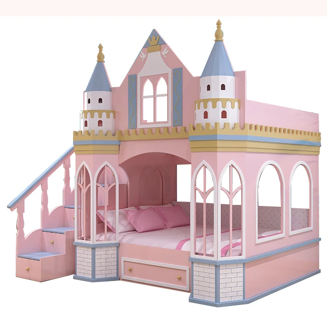 Creative colorful castle bunk bed for kids European furniture modern solid wood single bed with slide and ladder princess  bed