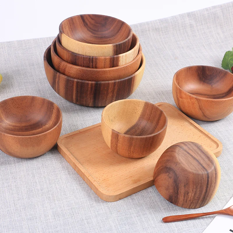 Acacia Kitchen Tableware Teak European Noodle Soup Rice Serving Natural Wholesale Small Mini Salad Set Acacia Wooden Bowl
